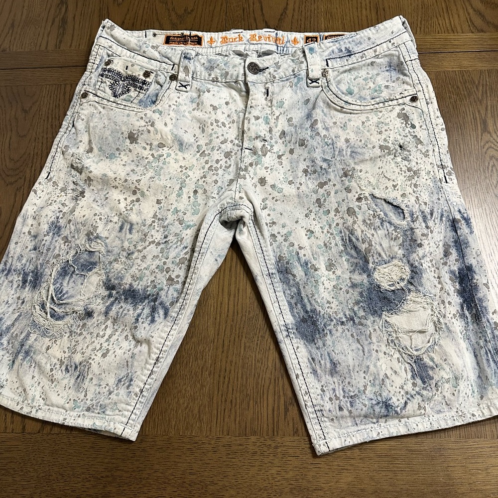 Rock Revival Granger Swarovski Stones Acid Splash Distressed Mens Shorts Size 42